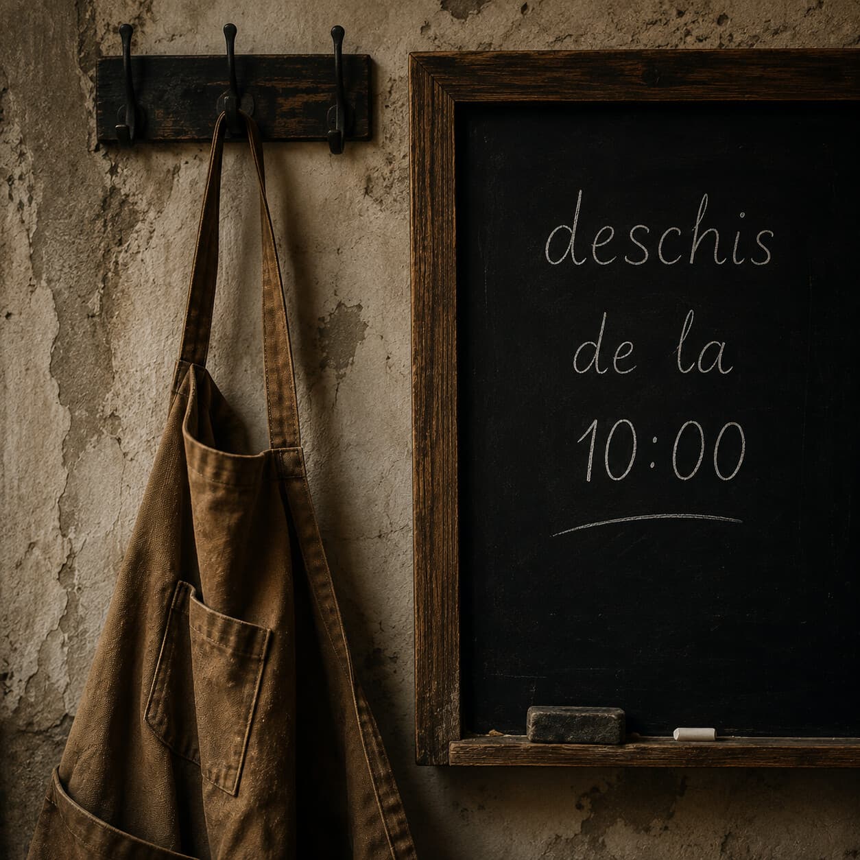 Un șorț de lucru agățat lângă o tablă pe care scrie, cu cretă, „deschis de la 10:00”.