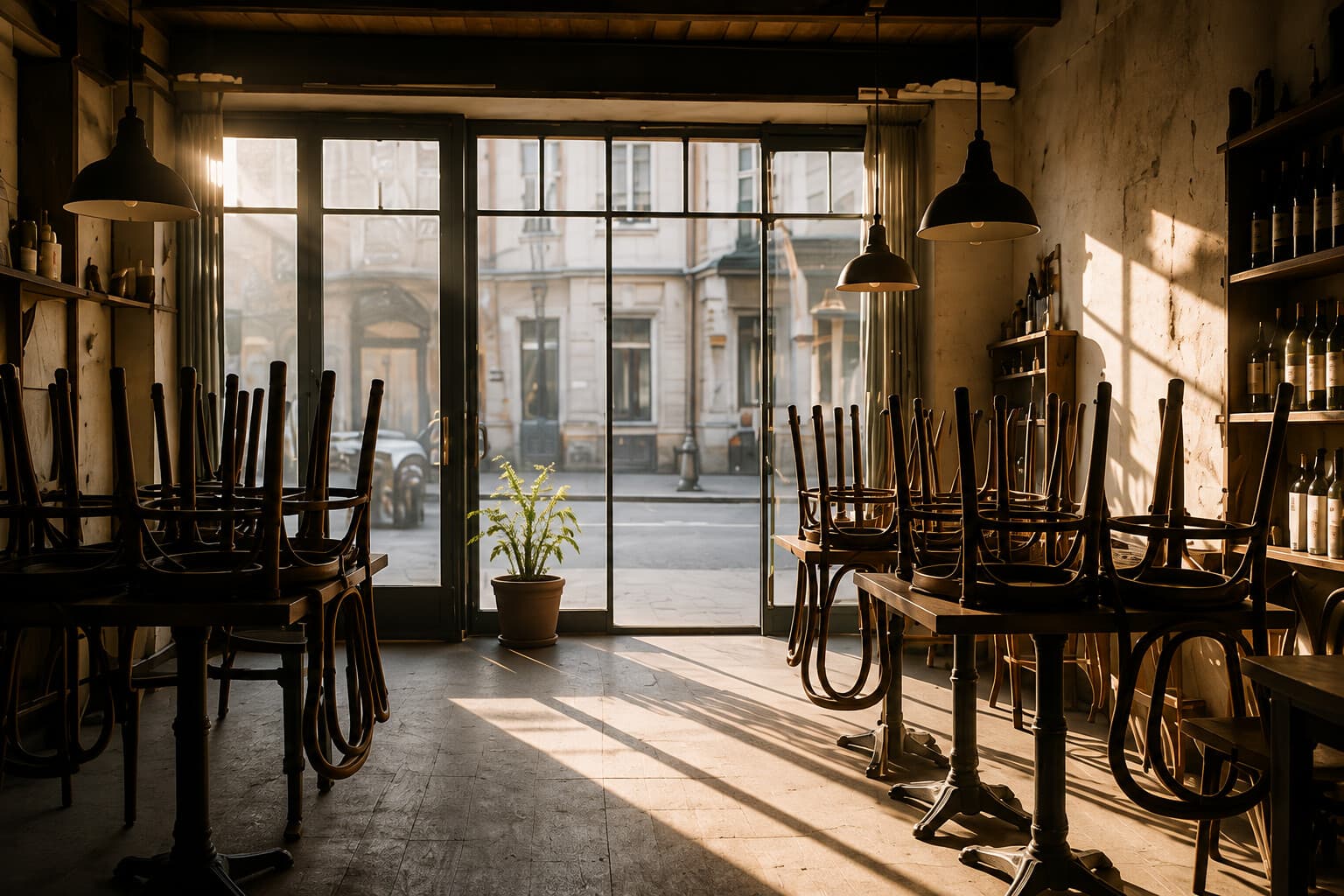 Sala unei cafenele mici, înainte de deschidere — scaunele stivuite pe mese și lumina dimineții pătrunzând prin vitrine.